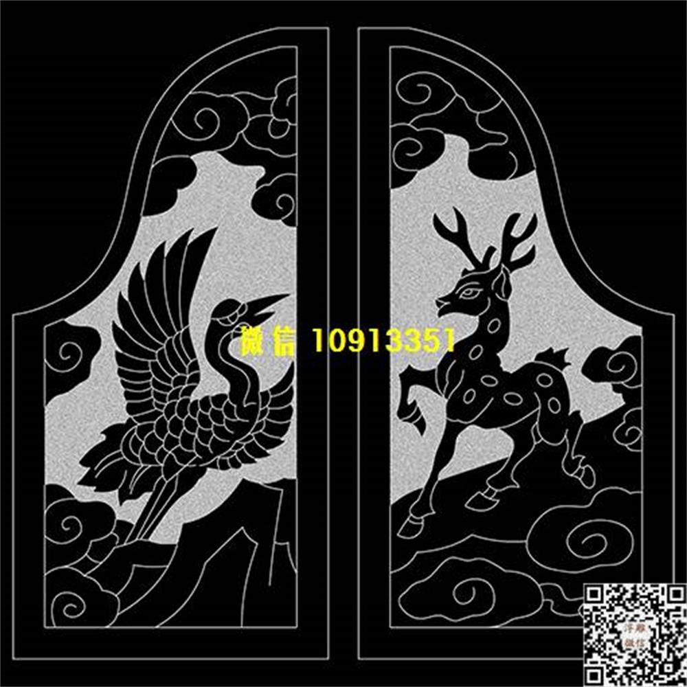 精雕图35鹤鹿抱鼓墓碑板精雕图线雕图线条图单线铣底图_电脑雕刻plt文泰矢量图精雕图浮雕图